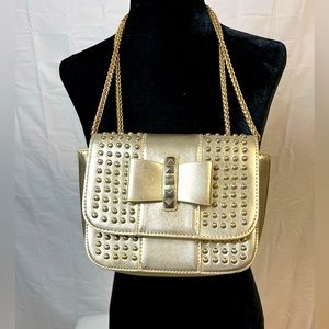 Mini gold purse with gold chain straps.